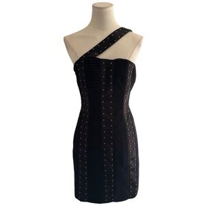 Laundry Shelli Segal‎ Black Pleated Studded Sheath Dress Crossover Shoulder SZ 2